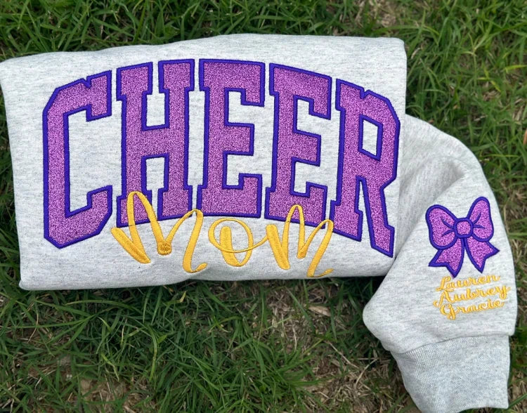Embroidered Glitter Cheer Mom Sweatshirt With Kids Names On The Sleeve（Polly Ybarra）