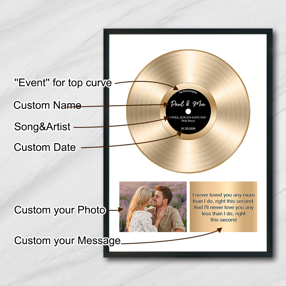 Custom Gold Vinyl Record Frame with Photo and Song