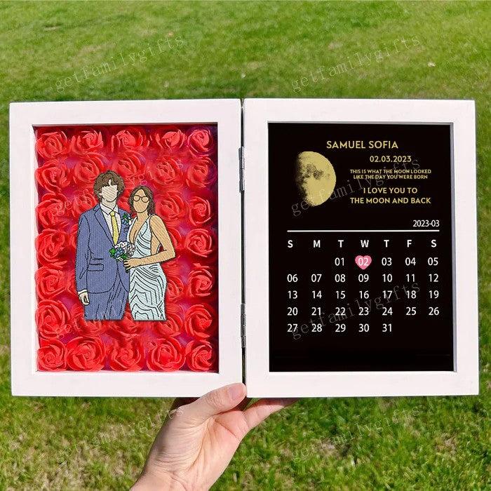 Custom Couple Portrait Flower Shadow Box With Moon Phase Calendar Frame