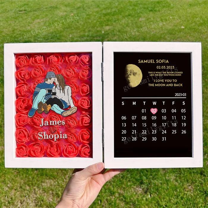 Custom Couple Portrait Flower Shadow Box With Moon Phase Calendar Frame