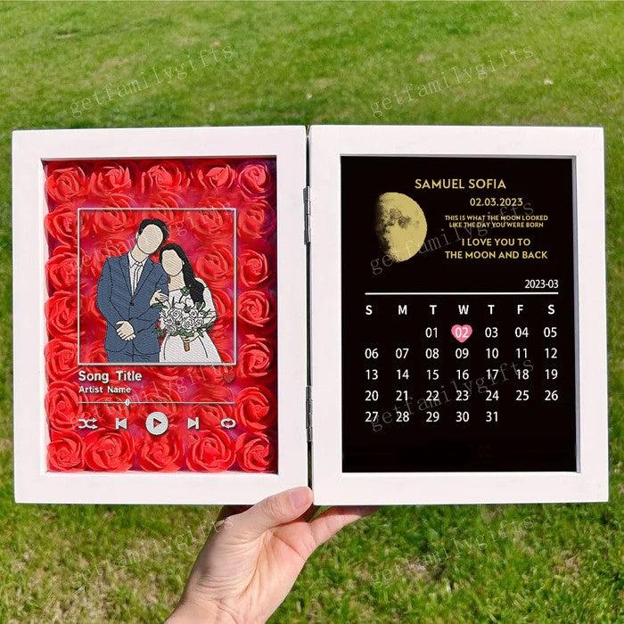 Custom Couple Portrait Flower Shadow Box With Moon Phase Calendar Frame