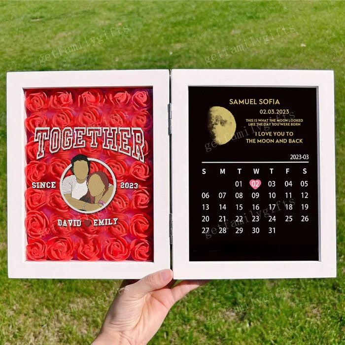 Custom Couple Portrait Flower Shadow Box With Moon Phase Calendar Frame