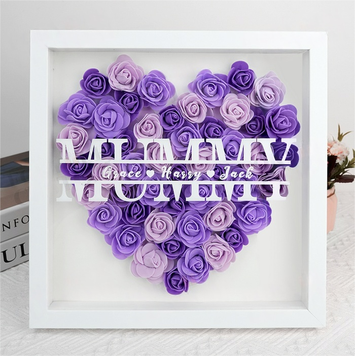Personalized Flower Heart Shadow Box , Custom Name Rose Frame , Flower Shadowbox For Mom