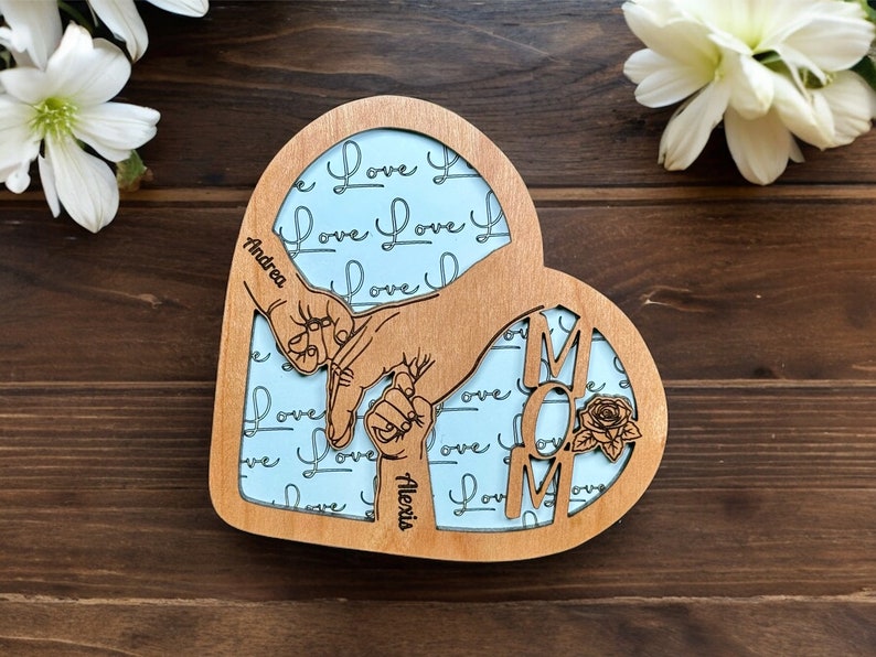 Custom Mom Hand Holding Wood Plaque WIth Kids Names