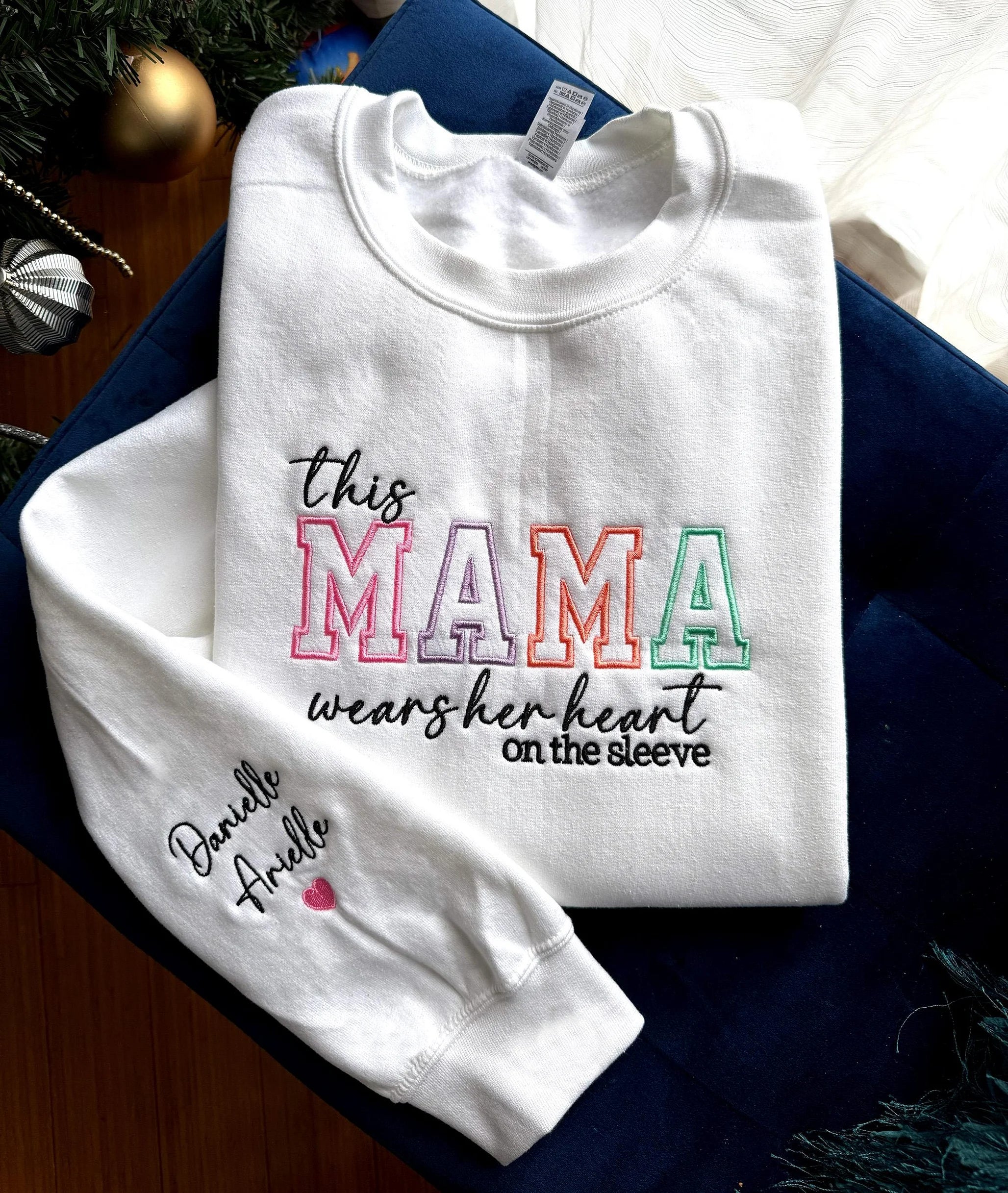 Custom Mom Wears Her Heart on Her Sleeves Glitter  Embroidered Sweatshirt