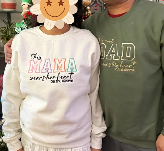 Custom Mom Wears Her Heart on Her Sleeves Glitter  Embroidered Sweatshirt