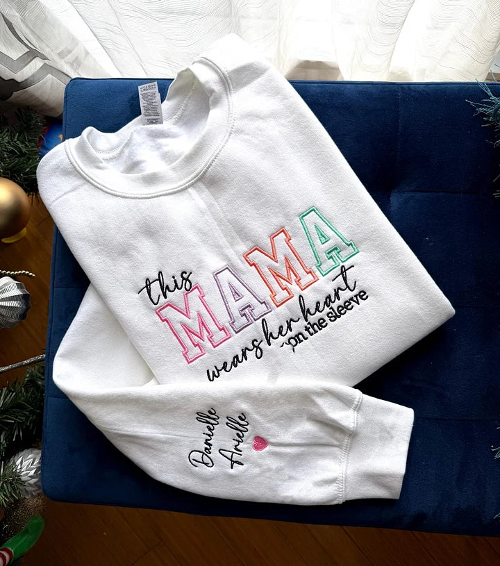 Custom Mom Wears Her Heart on Her Sleeves Glitter  Embroidered Sweatshirt