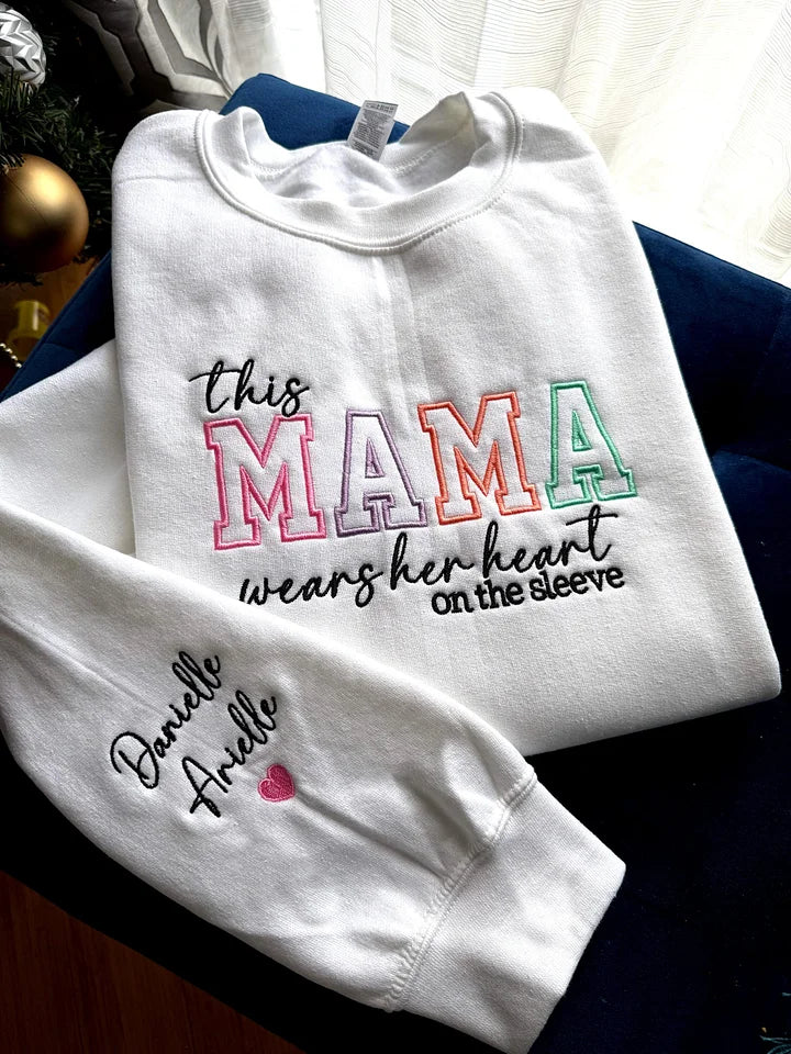 Custom Mom Wears Her Heart on Her Sleeves Glitter  Embroidered Sweatshirt