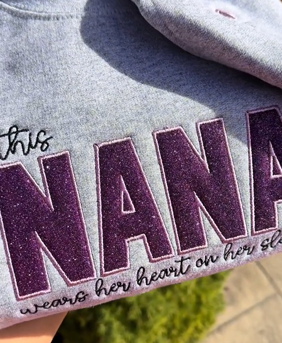 Custom Mom Wears Her Heart on Her Sleeves Glitter  Embroidered Sweatshirt