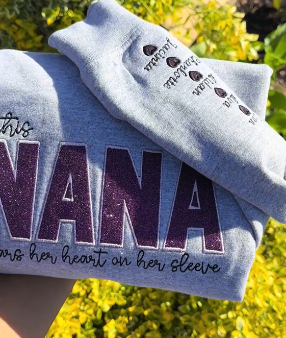 Custom Mom Wears Her Heart on Her Sleeves Glitter  Embroidered Sweatshirt