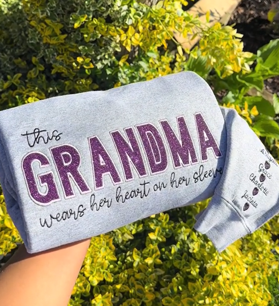 Custom Mom Wears Her Heart on Her Sleeves Glitter  Embroidered Sweatshirt