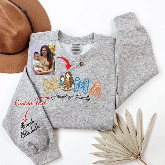 Custom Embroidered Portrait Photo Floral Mama Sweatshirt With Kids Names
