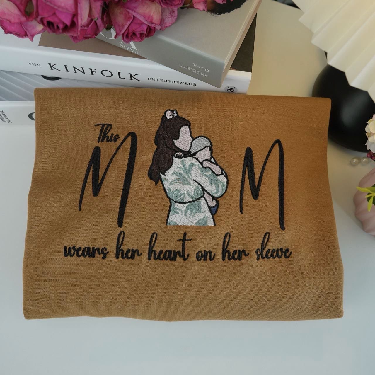 Custom This Mom Wears Her Heart On Her Sleeve Embroidered Portrait Sweatshirt Gift For Mom