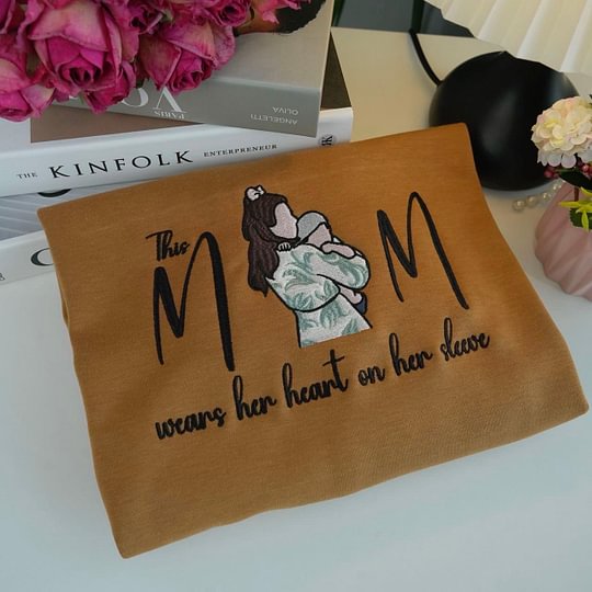 Custom This Mom Wears Her Heart On Her Sleeve Embroidered Portrait Sweatshirt Gift For Mom