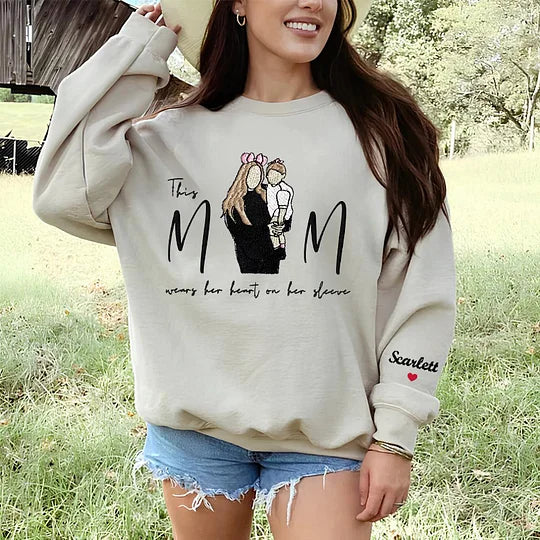 Custom This Mom Wears Her Heart On Her Sleeve Embroidered Portrait Sweatshirt Gift For Mom