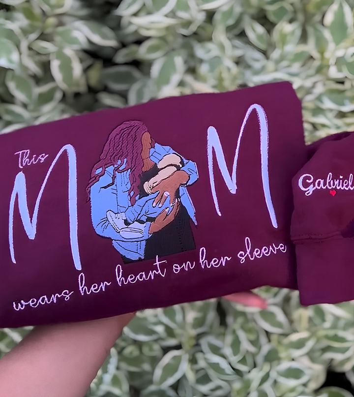 Custom This Mom Wears Her Heart On Her Sleeve Embroidered Portrait Sweatshirt Gift For Mom