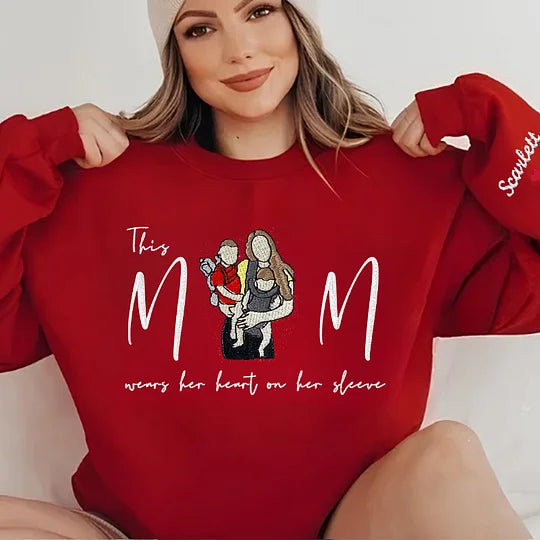 Custom This Mom Wears Her Heart On Her Sleeve Embroidered Portrait Sweatshirt Gift For Mom