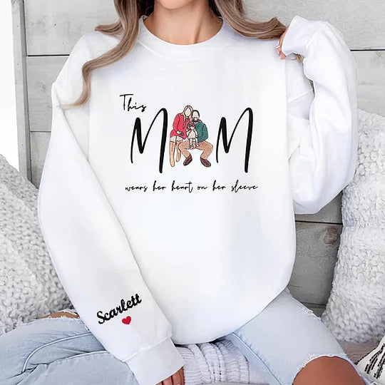 Custom This Mom Wears Her Heart On Her Sleeve Embroidered Portrait Sweatshirt Gift For Mom