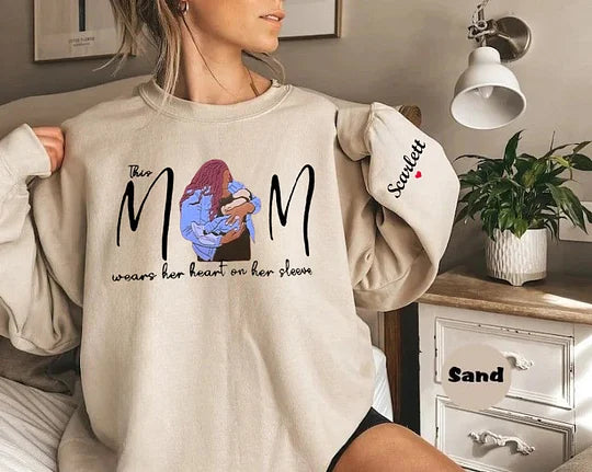 Custom This Mom Wears Her Heart On Her Sleeve Embroidered Portrait Sweatshirt Gift For Mom