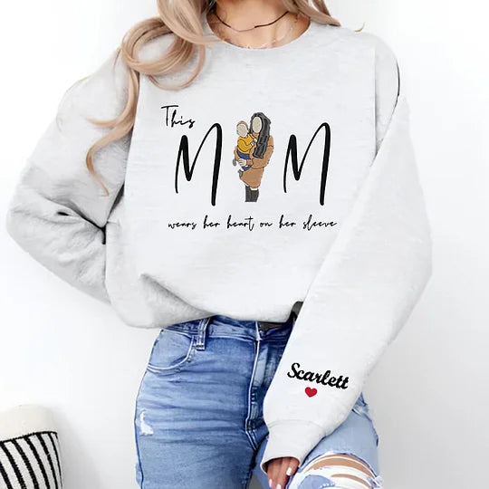 Custom This Mom Wears Her Heart On Her Sleeve Embroidered Portrait Sweatshirt Gift For Mom