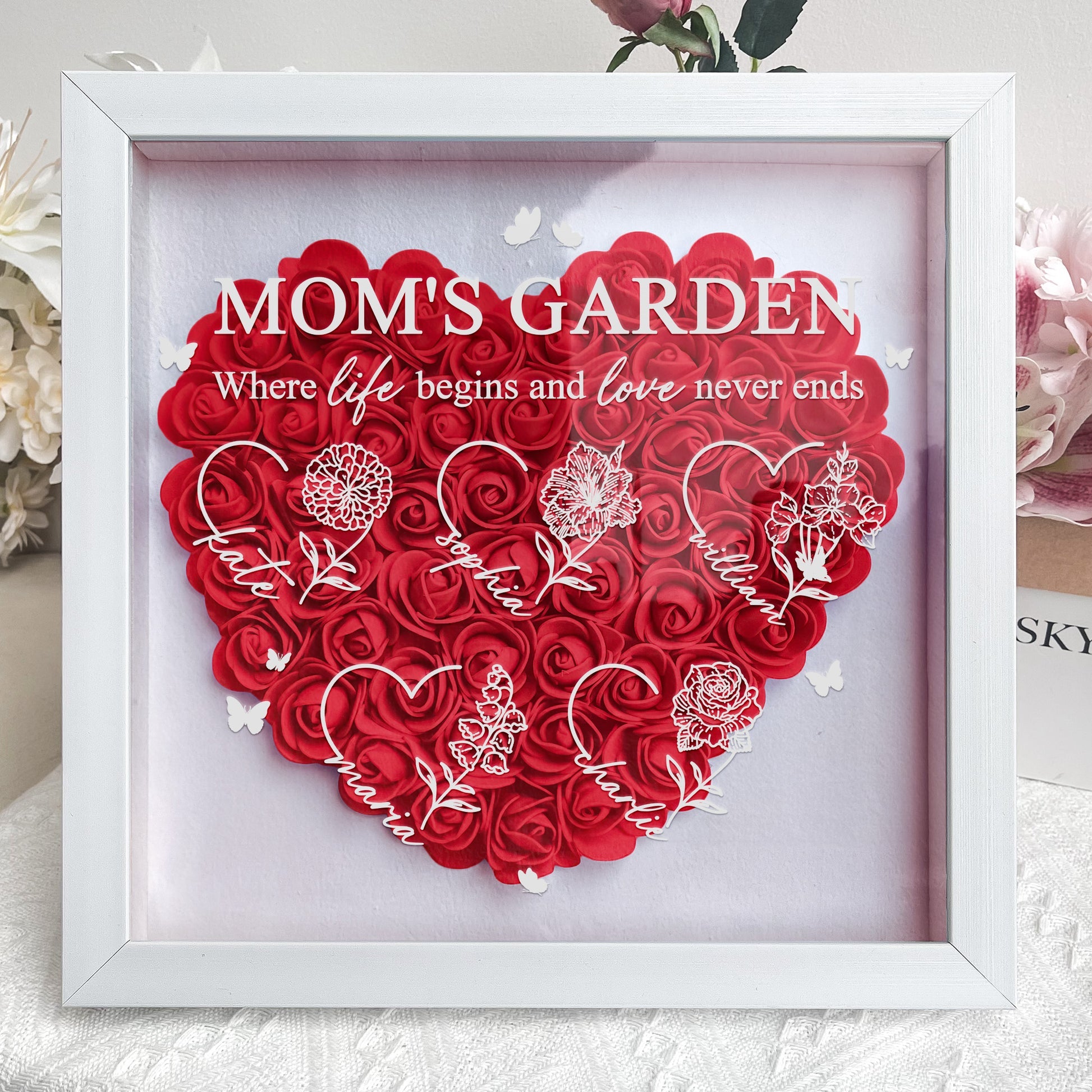Mom's Garden Custom Kids' Names & Birth Flowers - Personalized Flower Shadow Box