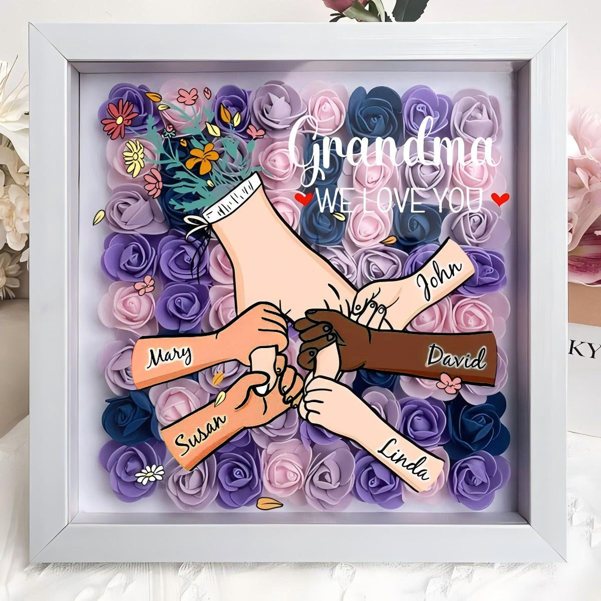 (Multiracial Family-Different Skin Tones)-Custom Hand Holding Family Flower Shadow Box