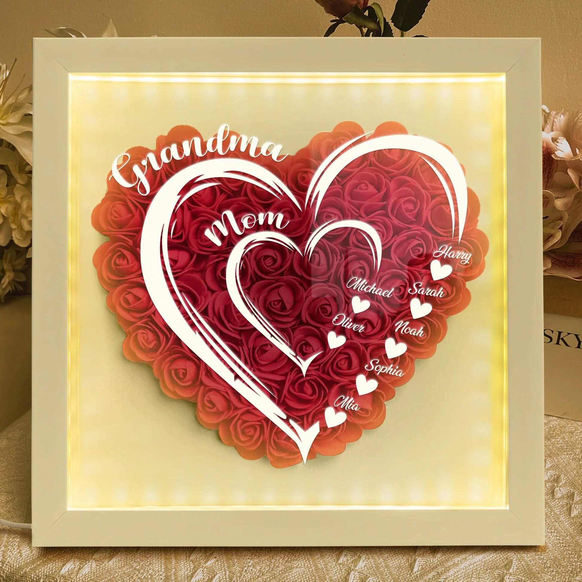 Grandma Hearts Mom Hearts - Personalized Flower Shadow Box