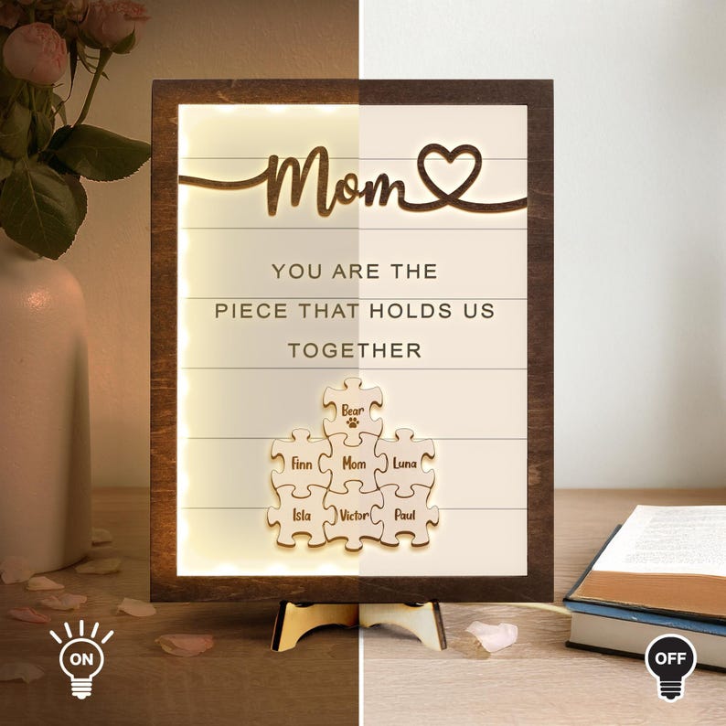 Mom You Are The Piece That Holds Us Together Custom Wooden Sign With Led Light