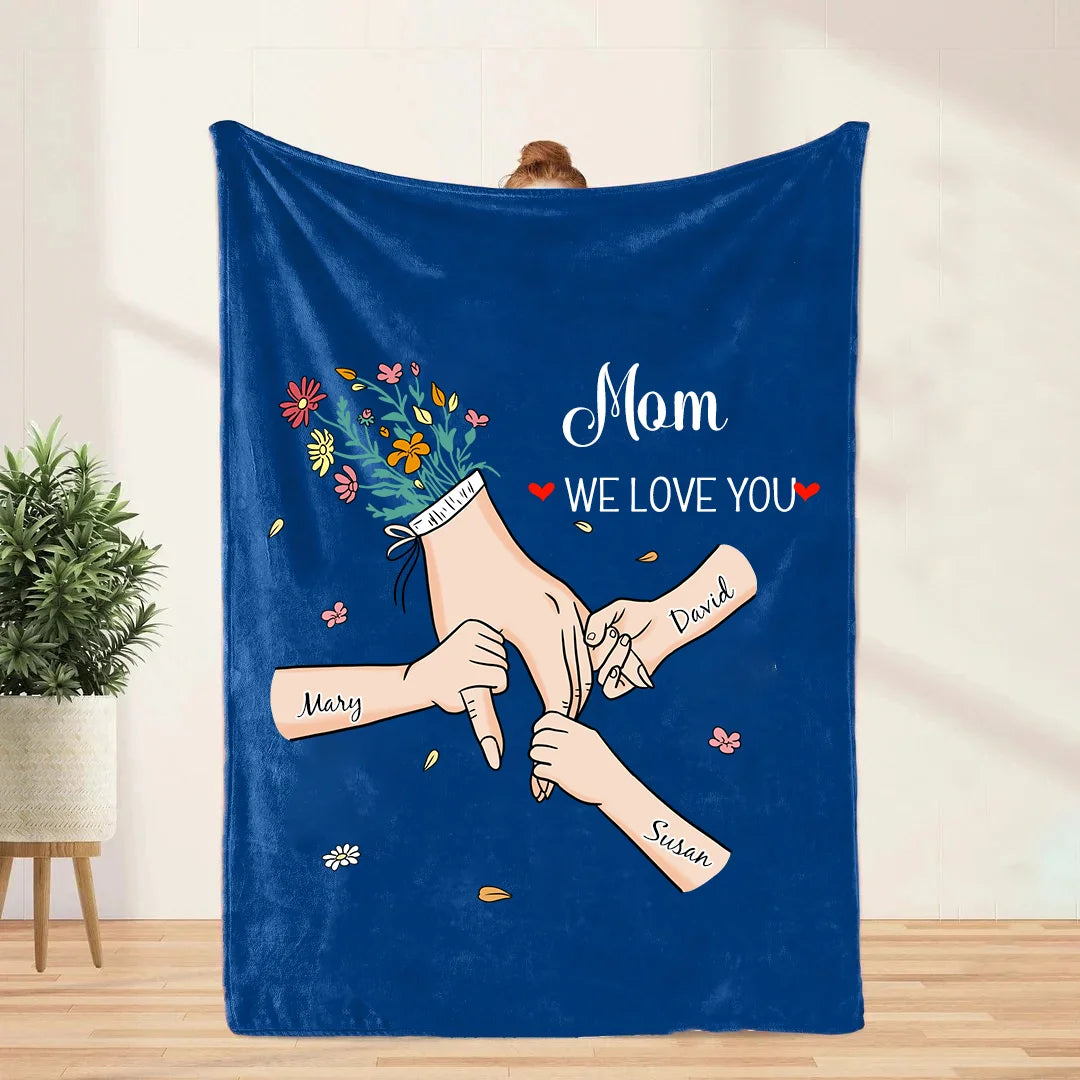 Custom Hand in Hand - MOM, We Love You Flannel & Sherpa Blanket