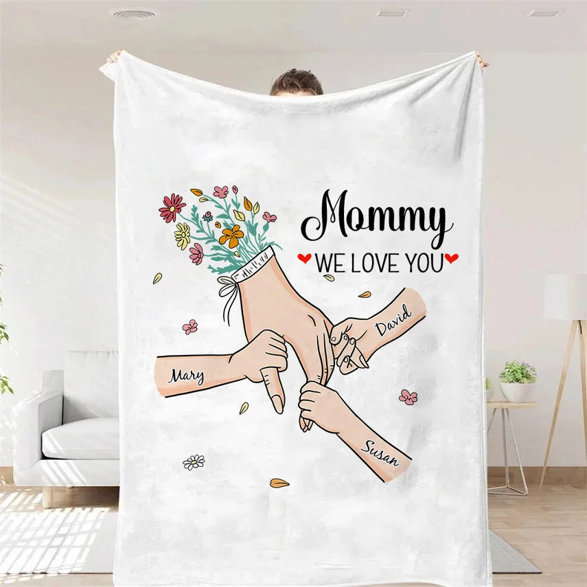 Custom Hand in Hand - MOM, We Love You Flannel & Sherpa Blanket