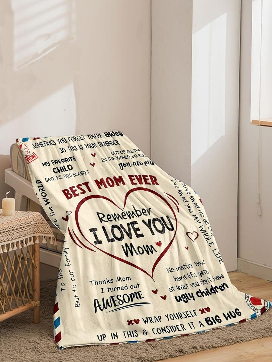 Heart And Slogan Pattern Blanket For Mom, Modern Knitted Fabric Sleeping Blanket Mother's Day Gift