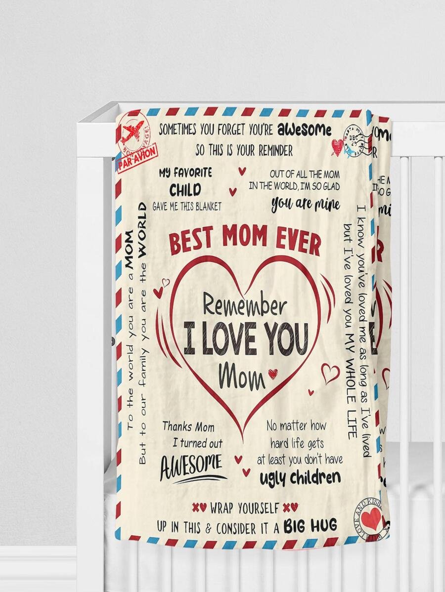 Heart And Slogan Pattern Blanket For Mom, Modern Knitted Fabric Sleeping Blanket Mother's Day Gift