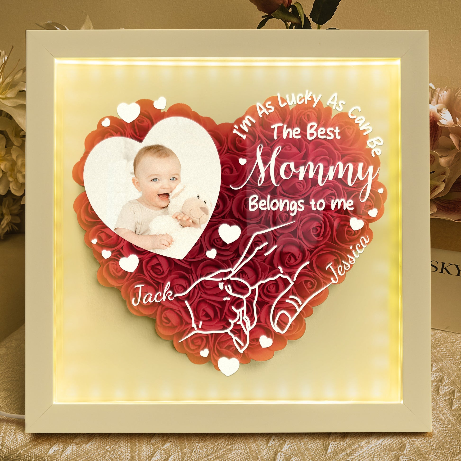 Custom I'm As Lucky As Can Be The Best Mommy Belongs To Me Photo Flower Shadow Box With Led Light