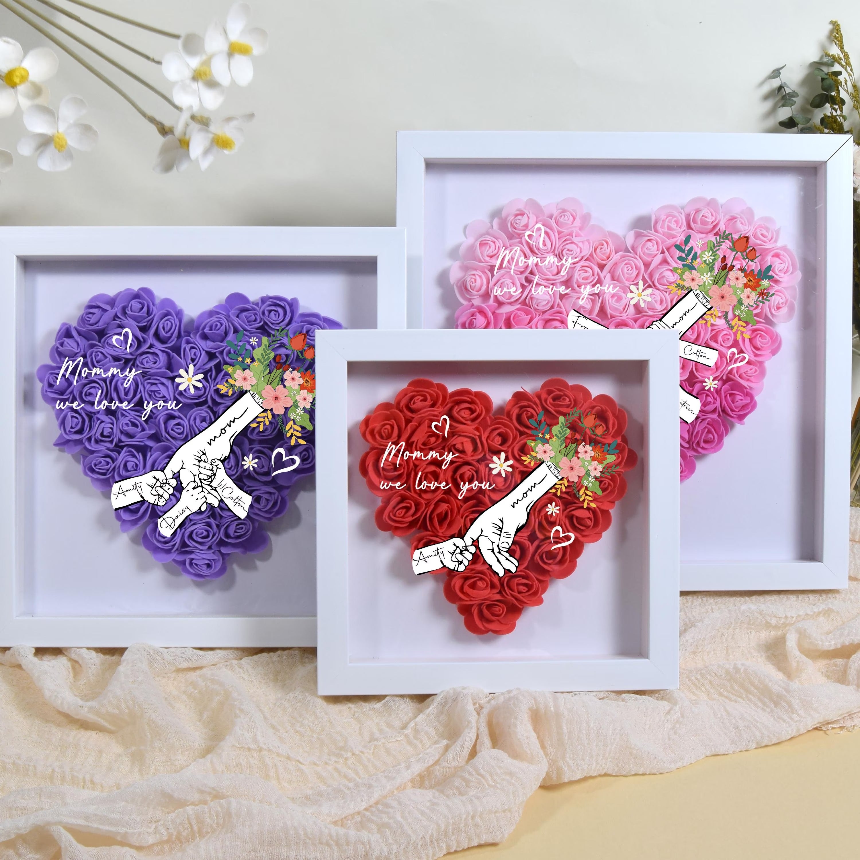 Personalized Flower Handprints Shadow Box For Mom Gift,Mom Heart Flower Shadow Box,Flower Mother Day