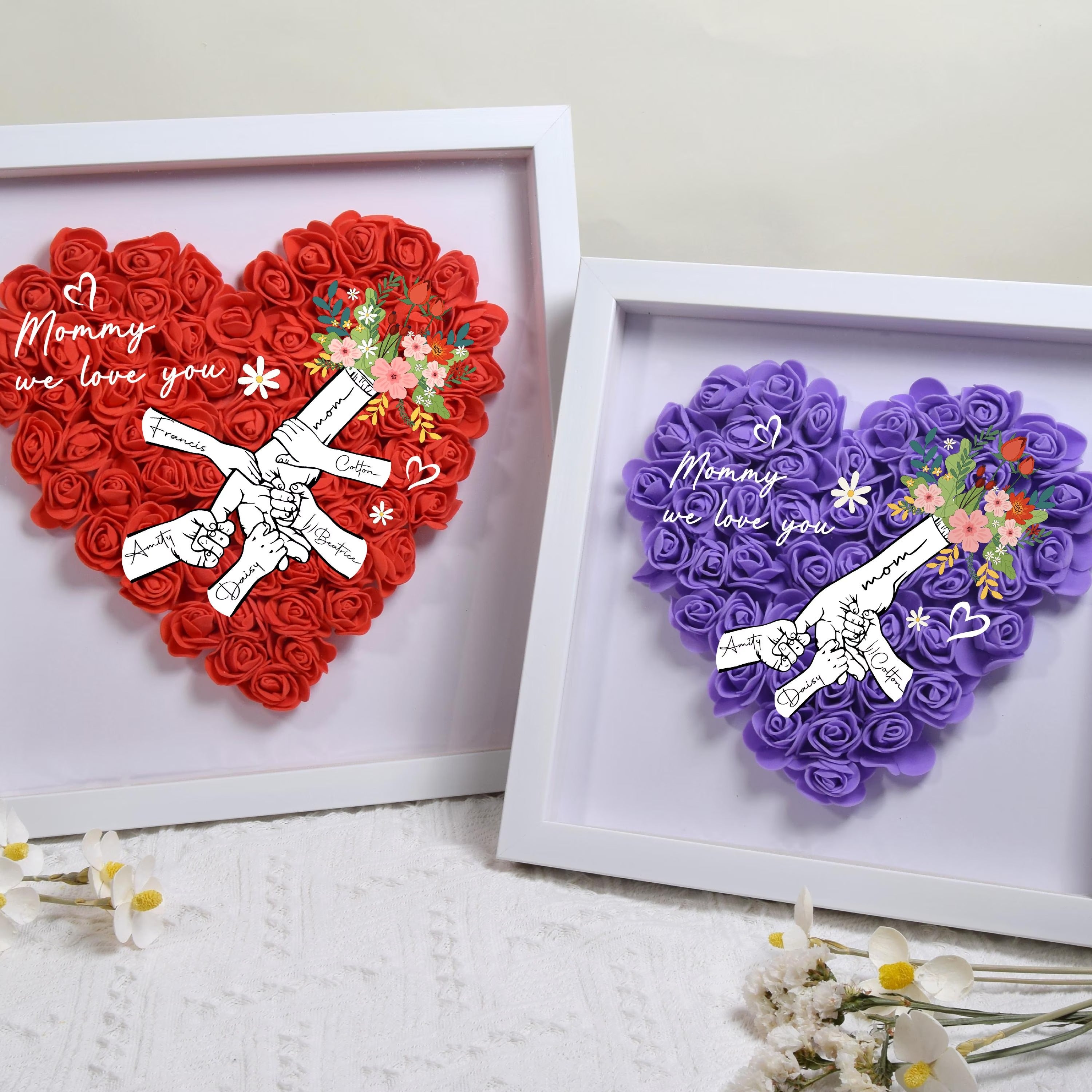 Personalized Flower Handprints Shadow Box For Mom Gift,Mom Heart Flower Shadow Box,Flower Mother Day