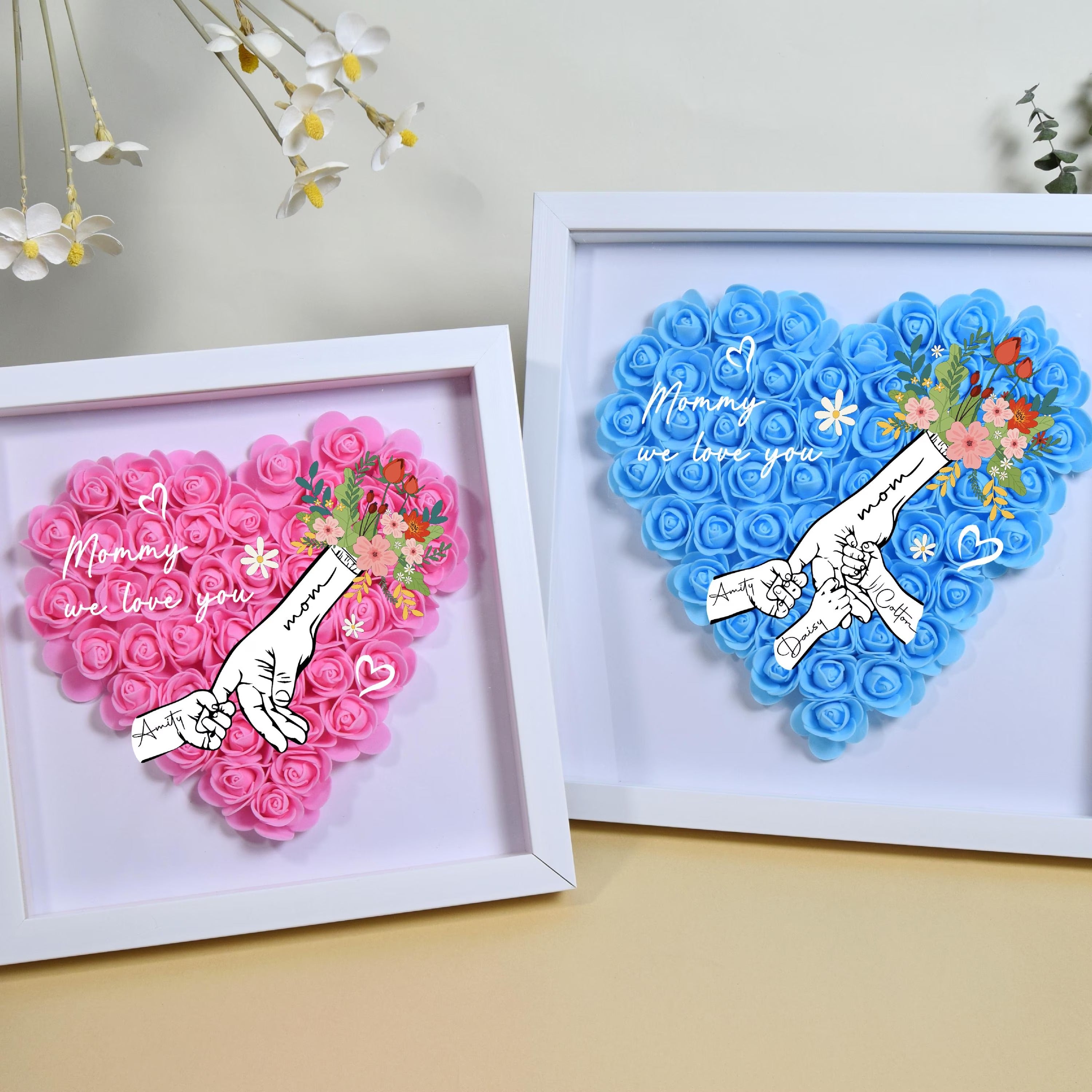 Personalized Flower Handprints Shadow Box For Mom Gift,Mom Heart Flower Shadow Box,Flower Mother Day