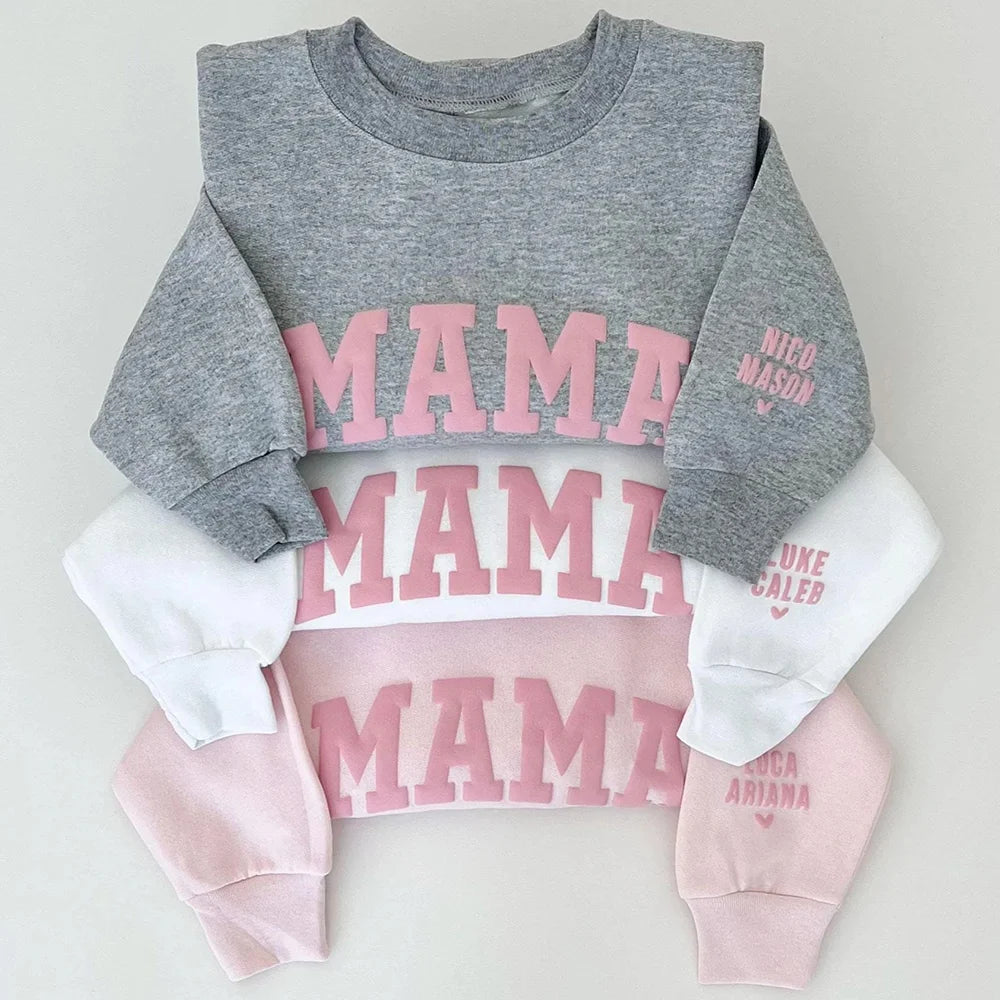 Custom Puff Letters Mama Sweatshirt With Kids Names On Sleeve