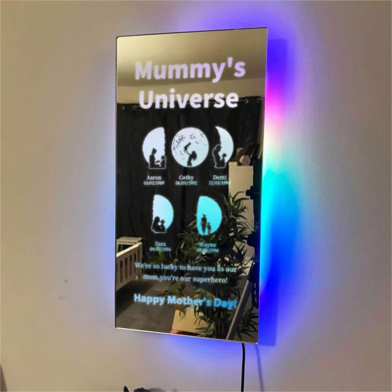 Customized Mother Moon Phase Art And Character Silhouette Vertical Mirror Lamp