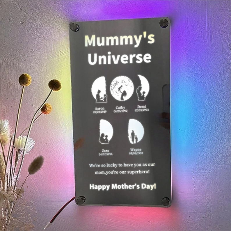 Customized Mother Moon Phase Art And Character Silhouette Vertical Mirror Lamp
