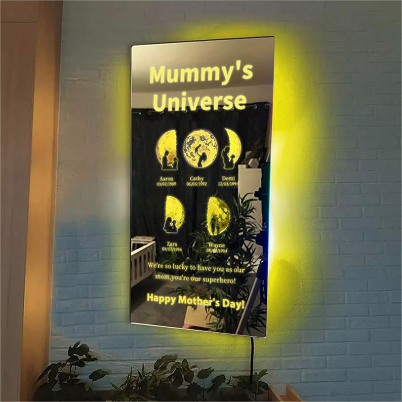Customized Mother Moon Phase Art And Character Silhouette Vertical Mirror Lamp