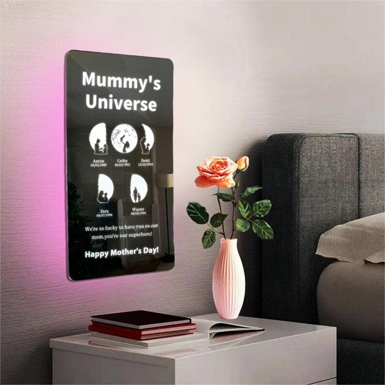 Customized Mother Moon Phase Art And Character Silhouette Vertical Mirror Lamp