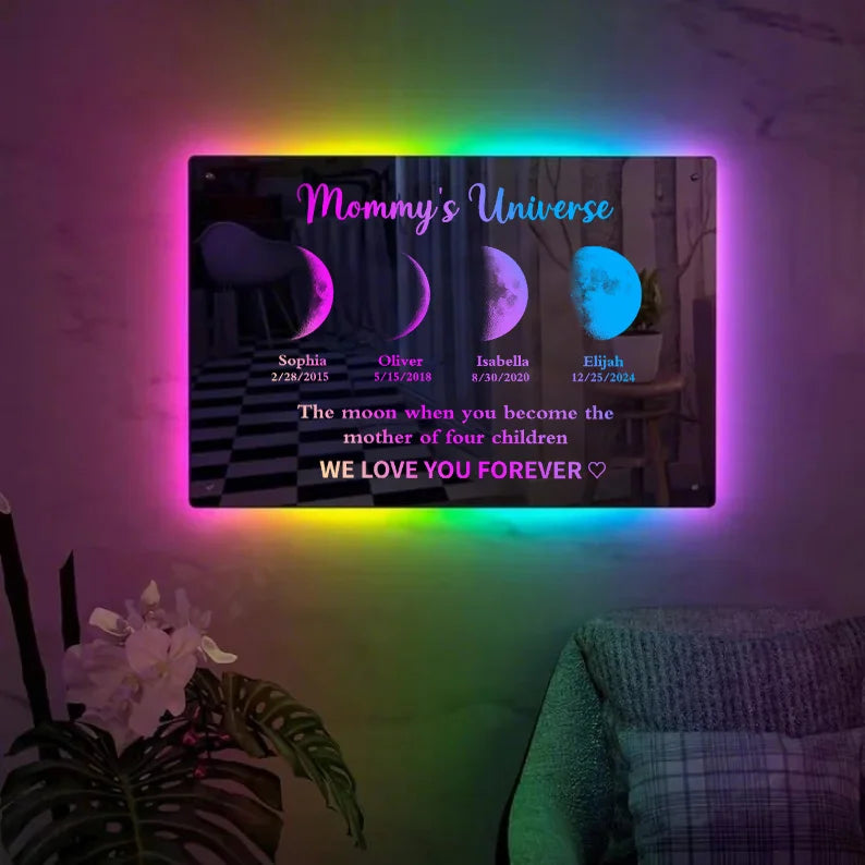 Custom Led Mirror Light Frame With Text And Date Mom's Universe