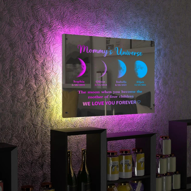Custom Led Mirror Light Frame With Text And Date Mom's Universe