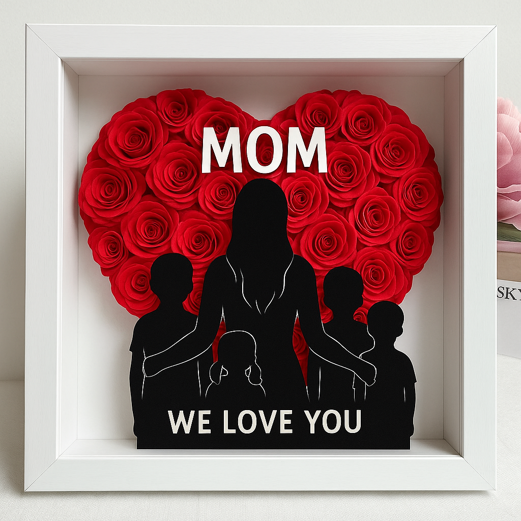 Customized MOM And Child Silhouette Flower Shadow Box, Minimalist Silhouette Style