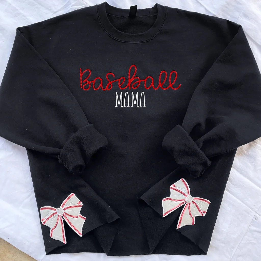 Embroidered Baseball Softball Mama Sweatshirt With Coquette Baseball Softball Bows