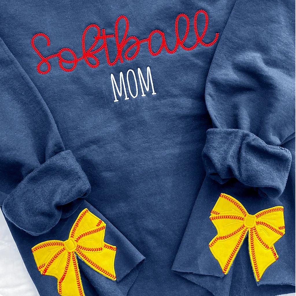 Embroidered Baseball Softball Mama Sweatshirt With Coquette Baseball Softball Bows