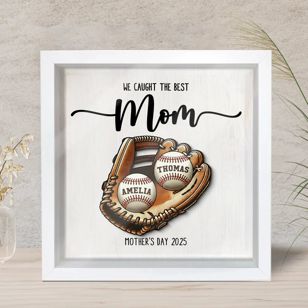 Custom We Caught The Best Mom Baseball & Softball Shadow Box With Kid's Name, Mother's Day Gift