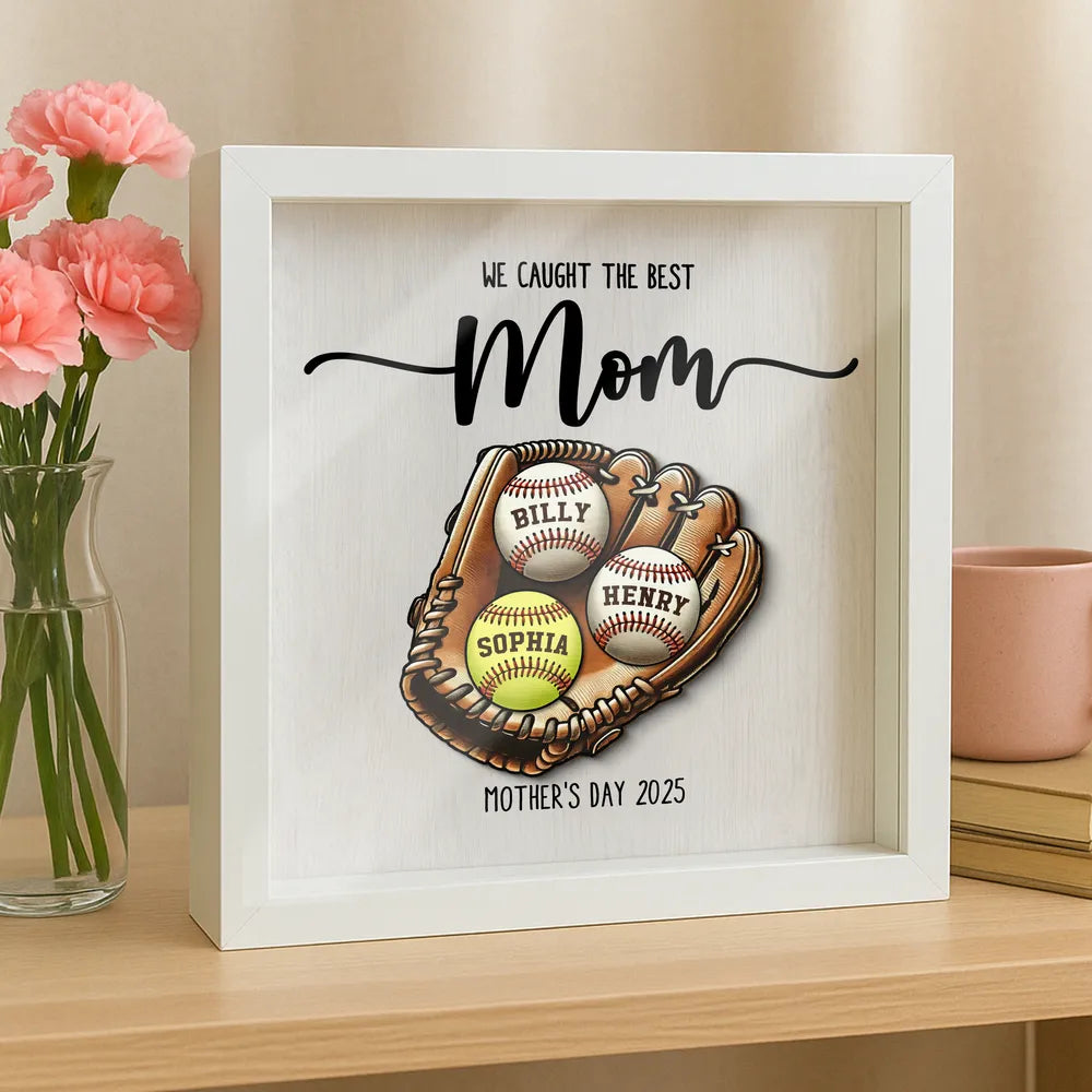 Custom We Caught The Best Mom Baseball & Softball Shadow Box With Kid's Name, Mother's Day Gift