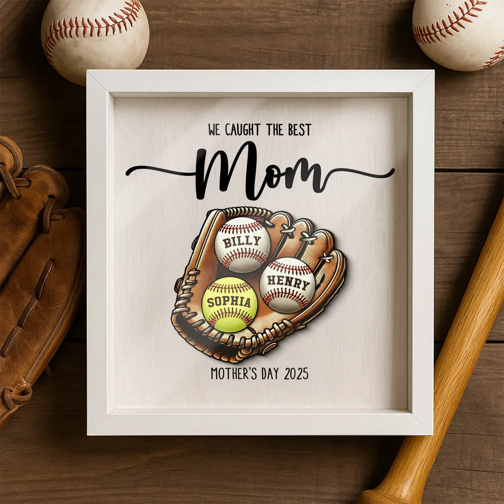 Custom We Caught The Best Mom Baseball & Softball Shadow Box With Kid's Name, Mother's Day Gift