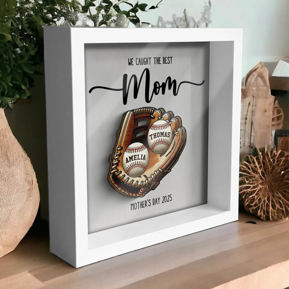 Custom We Caught The Best Mom Baseball & Softball Shadow Box With Kid's Name, Mother's Day Gift